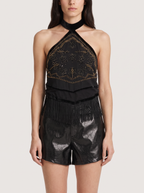 Top Halter Bordado Mostacillas y Flecos
