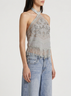 Top Halter Bordado Mostacillas y Flecos