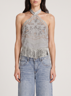 Top Halter Bordado Mostacillas y Flecos