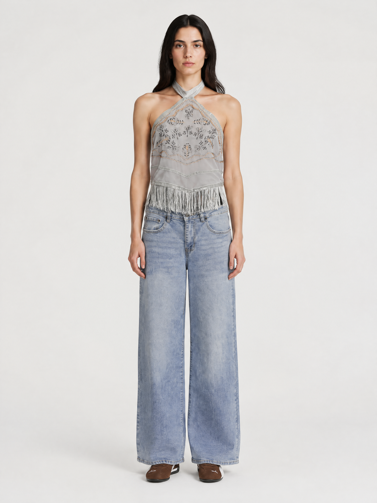 Top Halter Bordado Mostacillas y Flecos