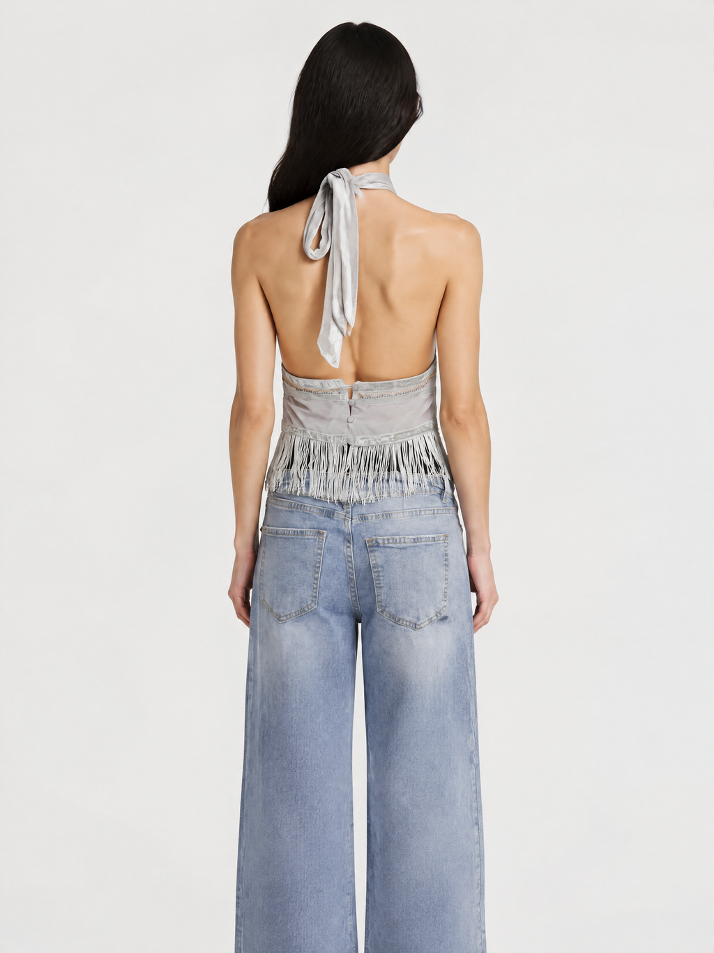 Top Halter Bordado Mostacillas y Flecos