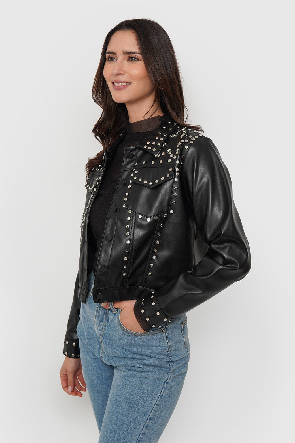 Chaqueta Eco Cuero Tachas + Strass