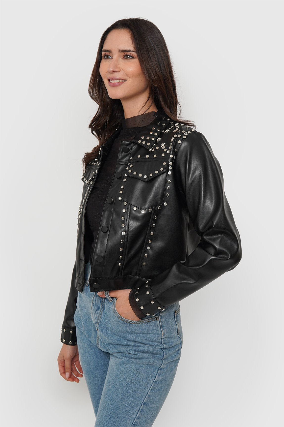 Chaqueta Eco Cuero Tachas + Strass