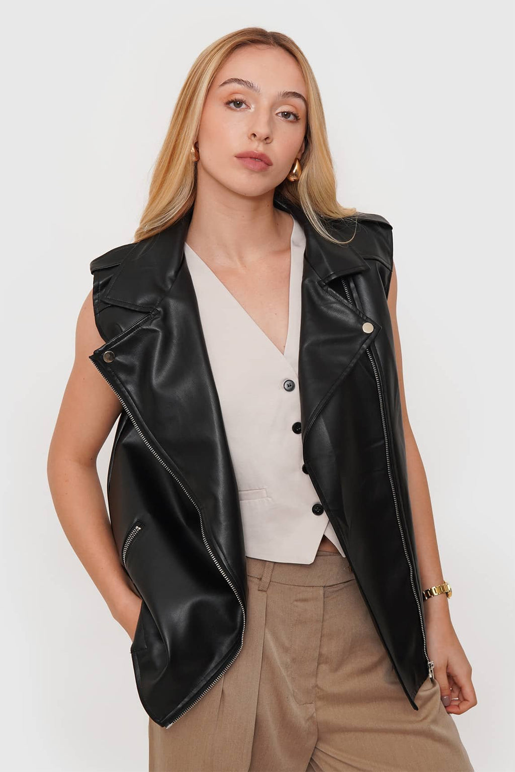 Chaqueta Oversize Eco Cuero Sin Mangas