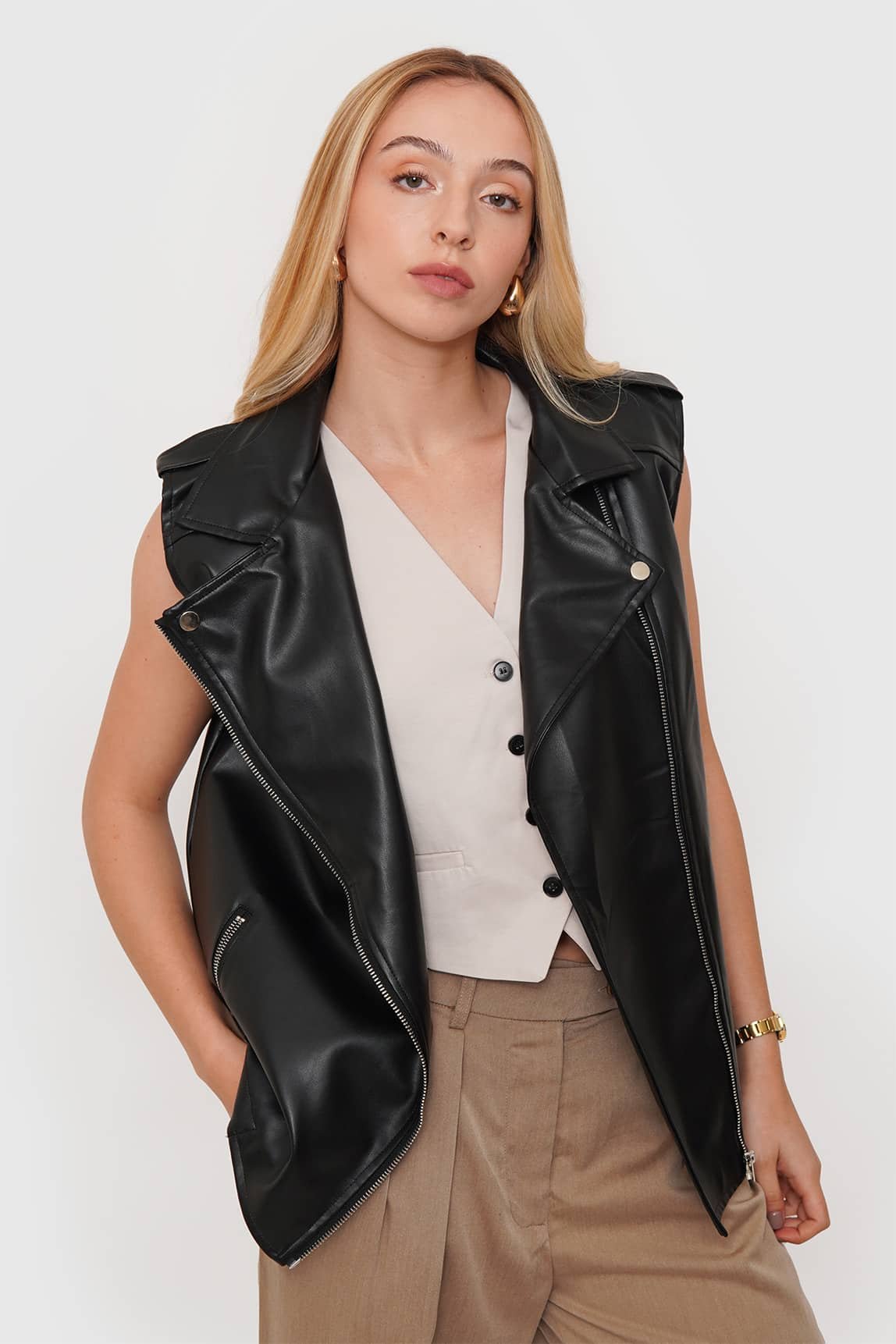 Chaqueta Oversize Eco Cuero Sin Mangas