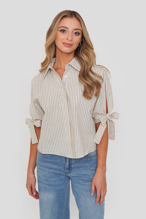 Blusa Lino Rayas Puño Lazo