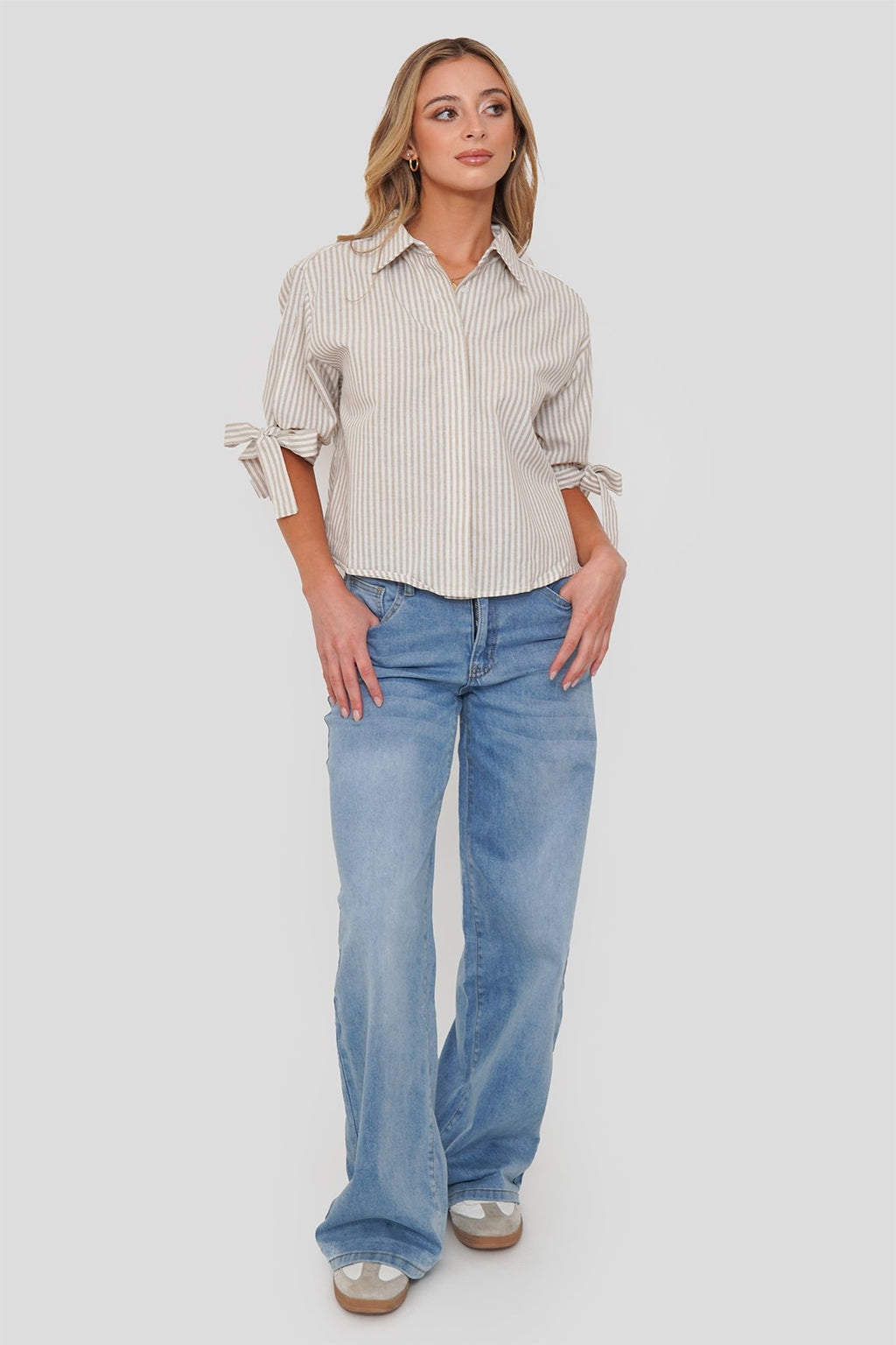 Blusa Lino Rayas Puño Lazo