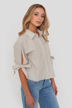 Blusa Lino Rayas Puño Lazo