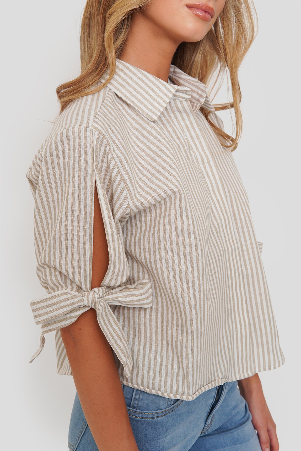 Blusa Lino Rayas Puño Lazo