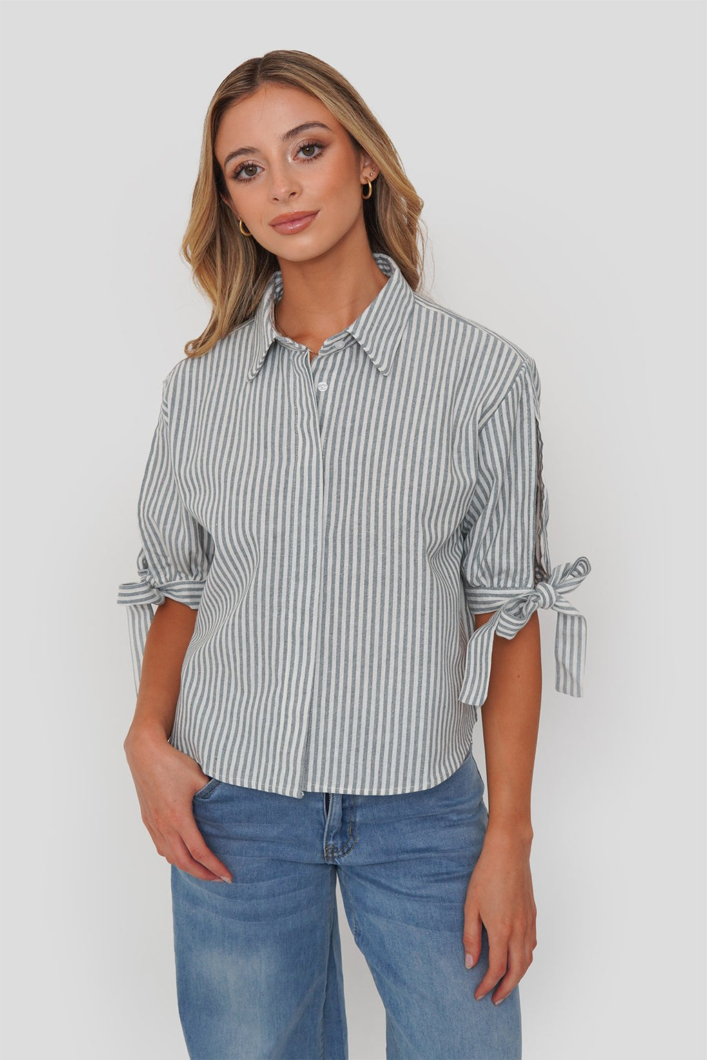 Blusa Lino Rayas Puño Lazo