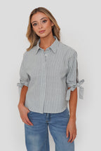 Blusa Lino Rayas Puño Lazo