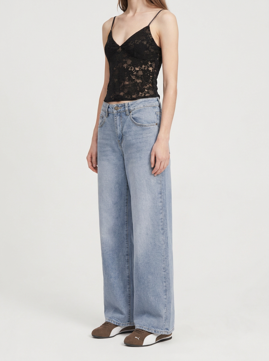 Jeans Wide Leg Elasticado Tiro Alto