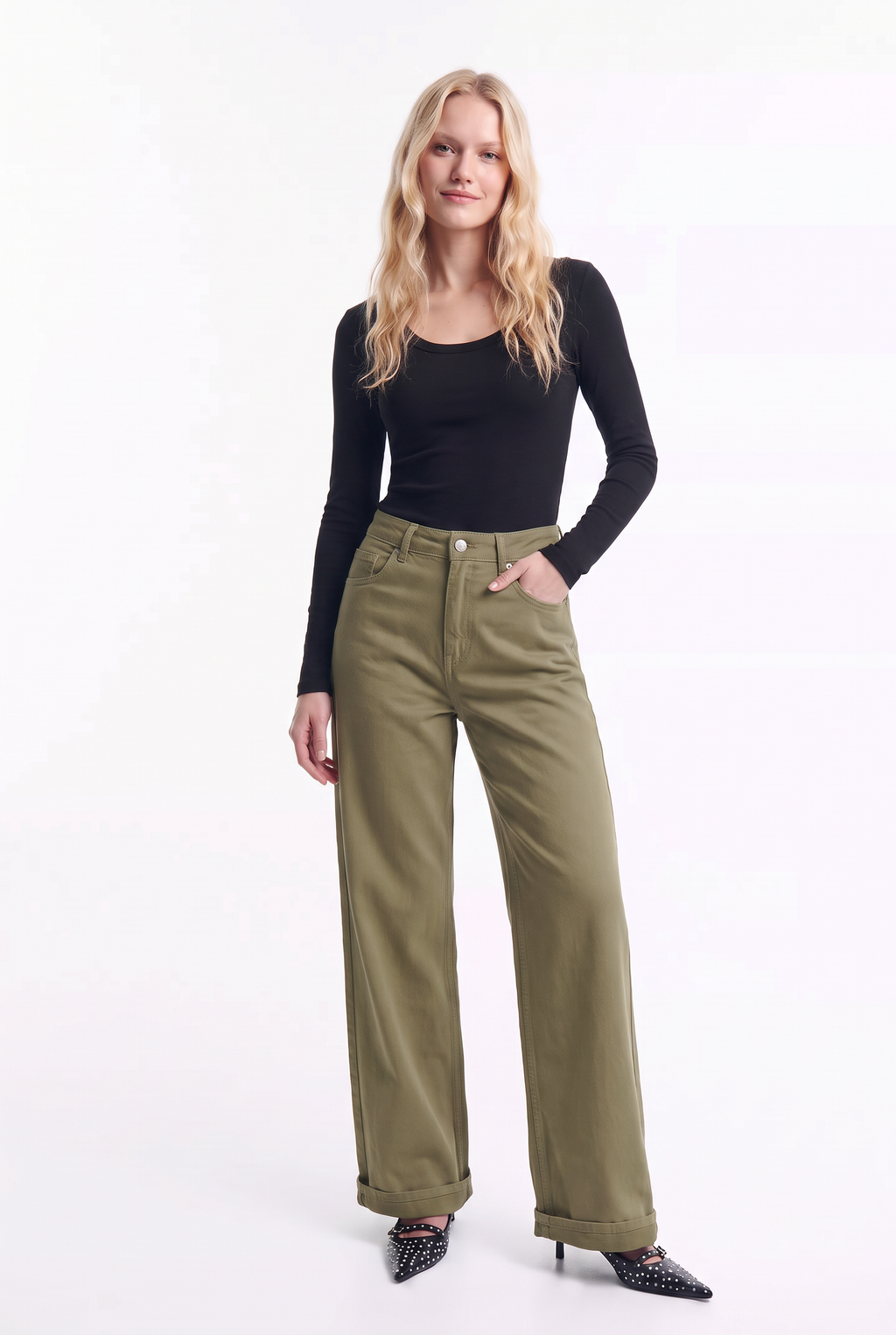 Jeans Wide Leg de Tiro Alto en Colores elasticado