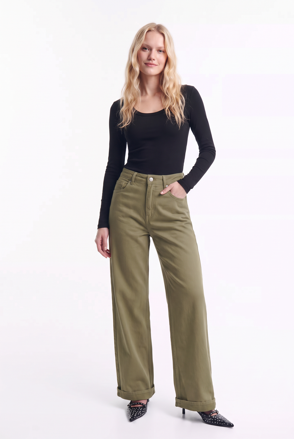 Jeans Wide Leg de Tiro Alto en Colores elasticado