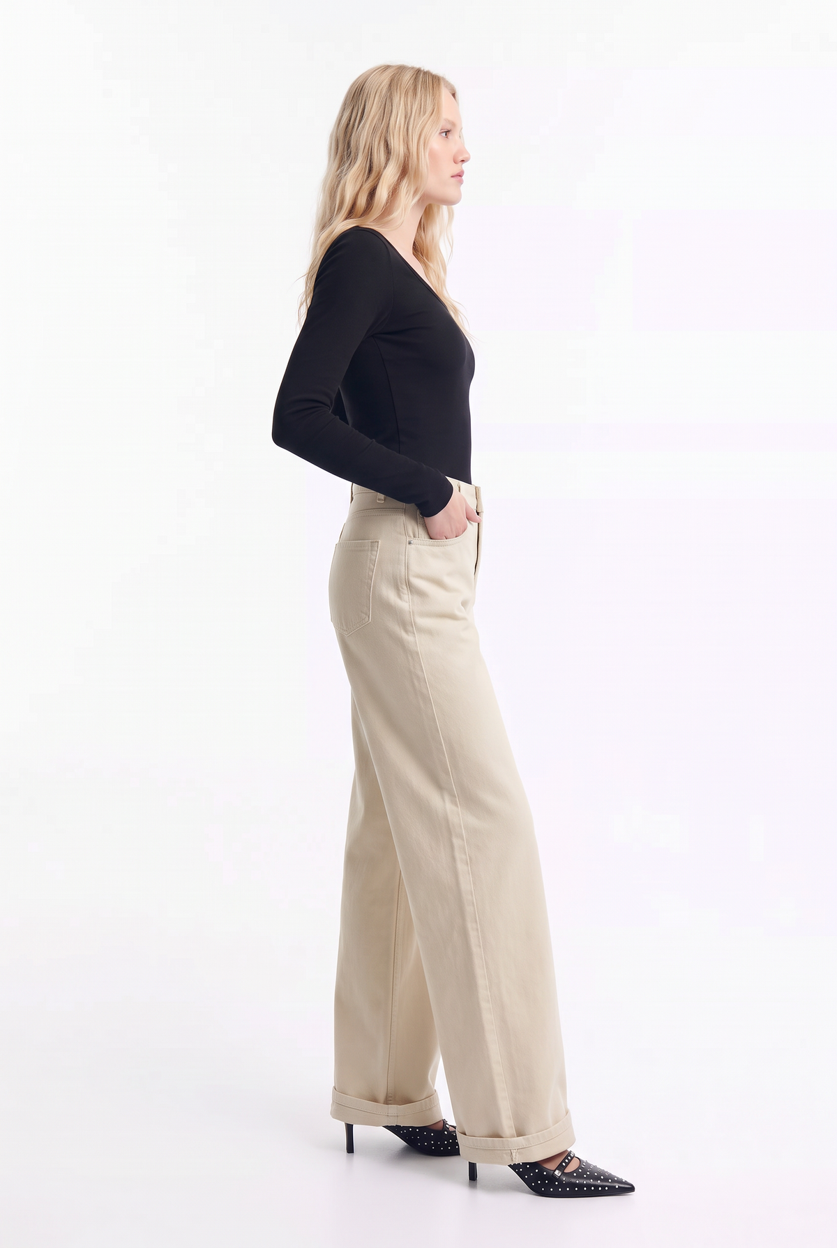 Jeans Wide Leg de Tiro Alto en Colores elasticado
