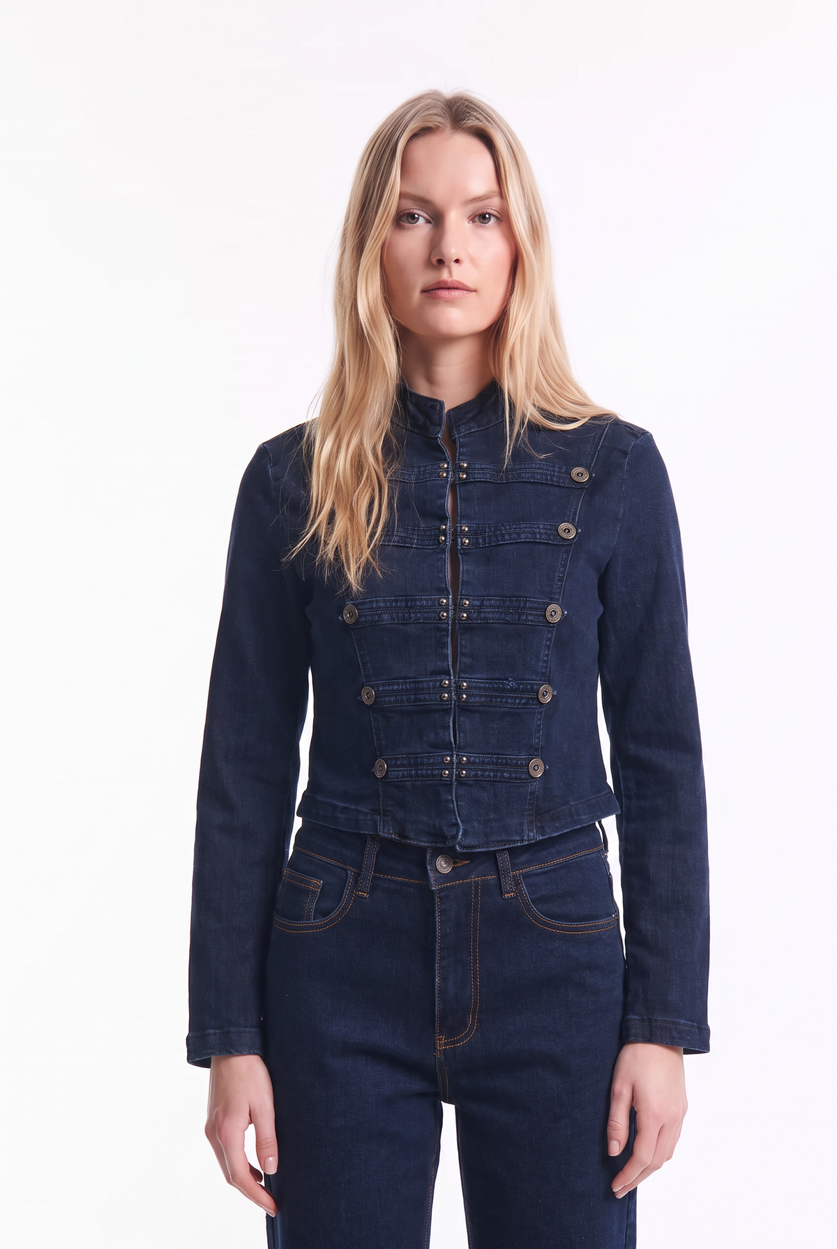 Chaqueta Estilo Napoleón de Denim Elástico - Azul Marino