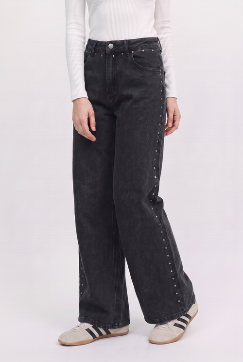 Jeans Wide Leg Elasticados con Tachas Laterales