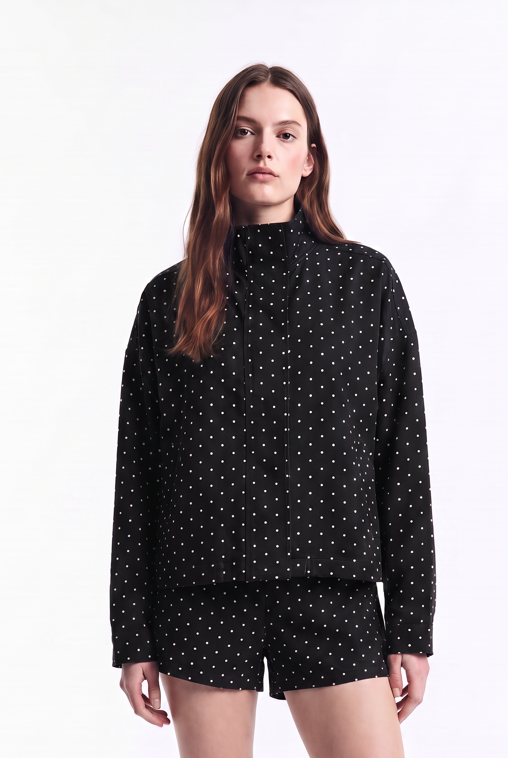 Chaqueta Bomber Delgada de Lunares con Cierre y Ajuste