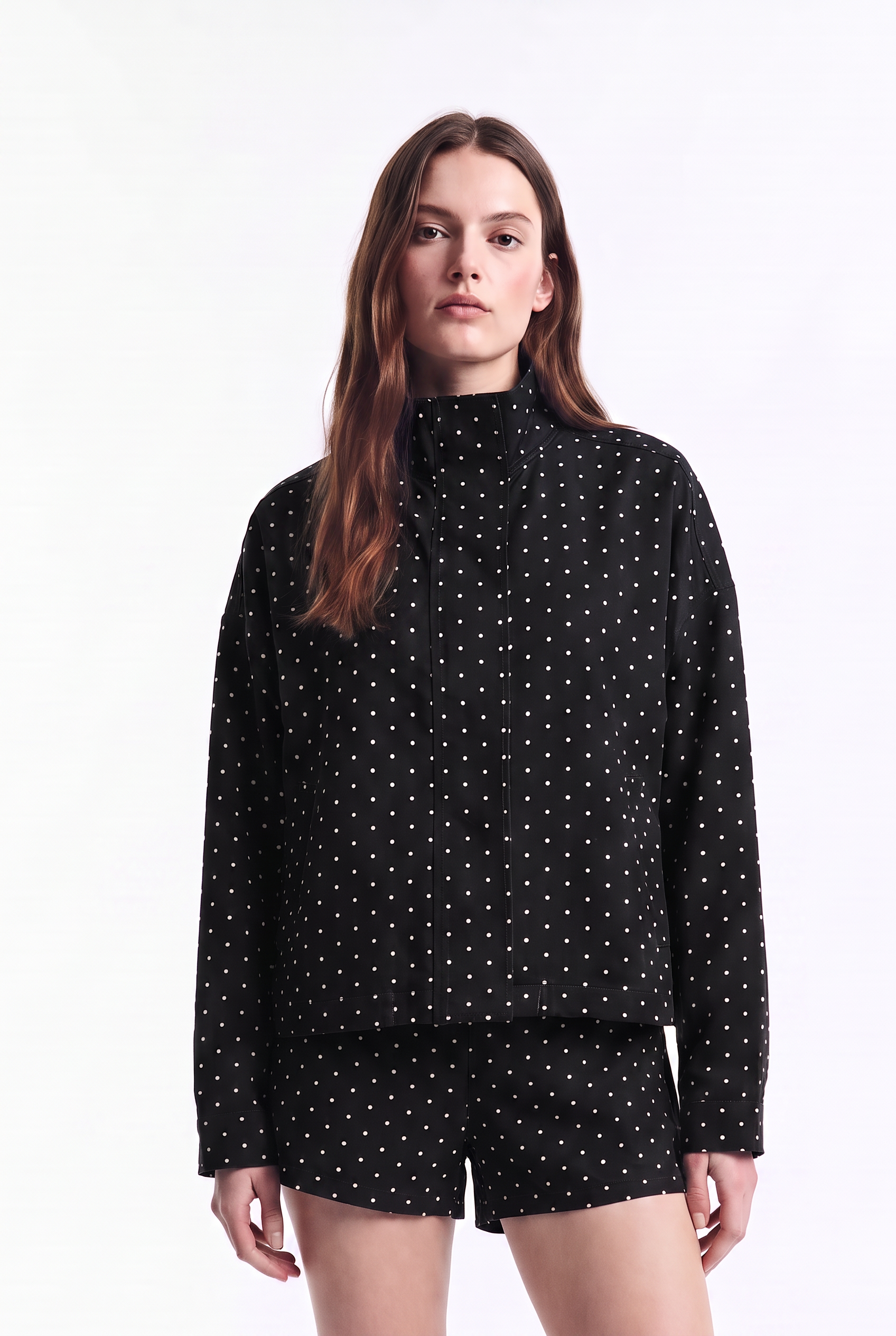 Chaqueta Bomber Delgada de Lunares con Cierre y Ajuste