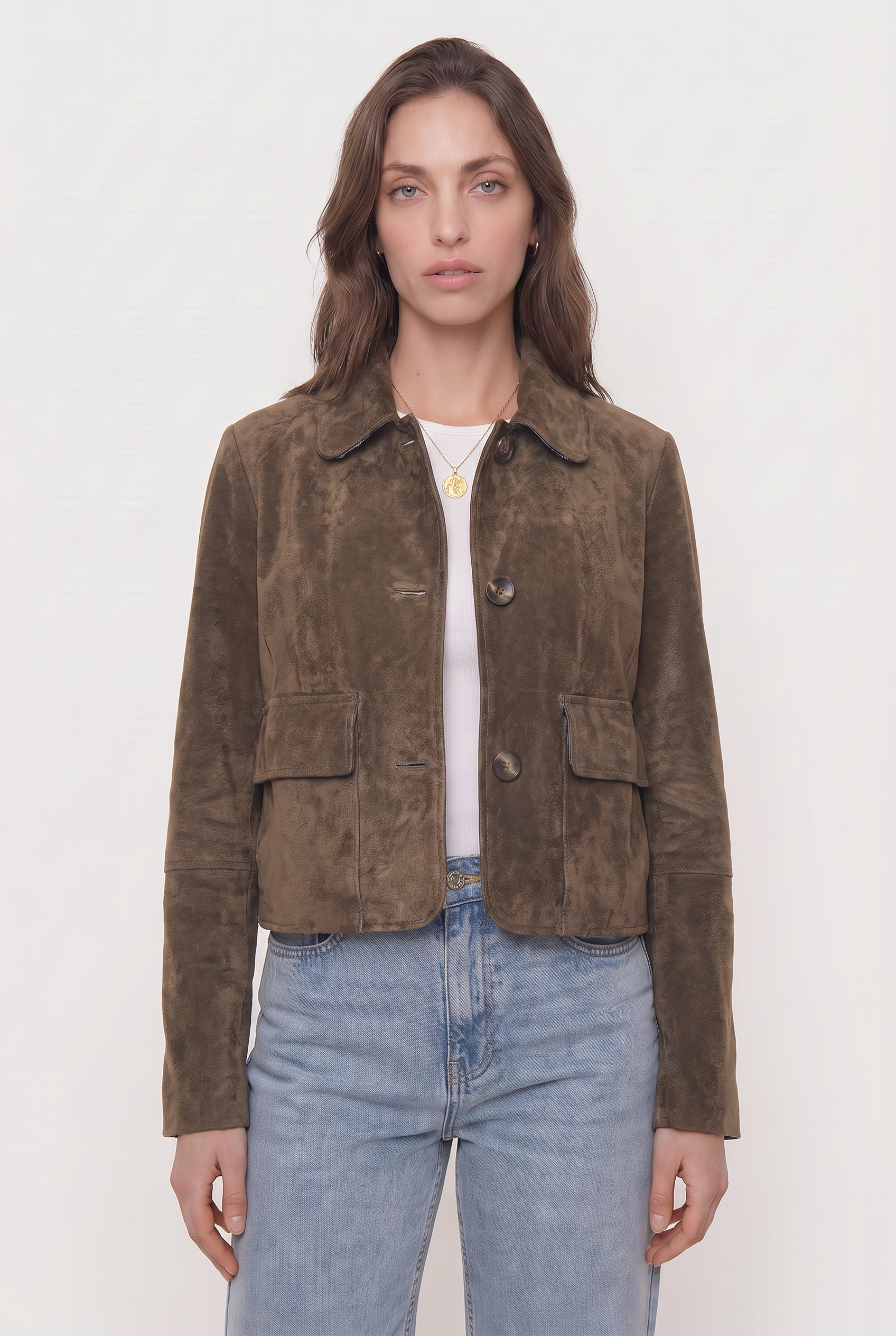 Chaqueta de Gamuza con Botones y Bolsillos Frontales