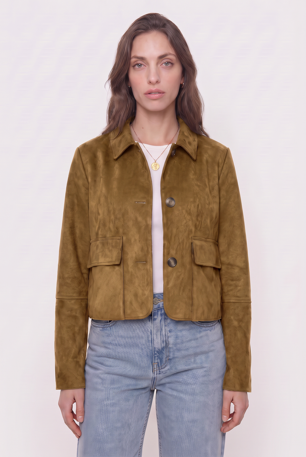Chaqueta de Gamuza con Botones y Bolsillos Frontales