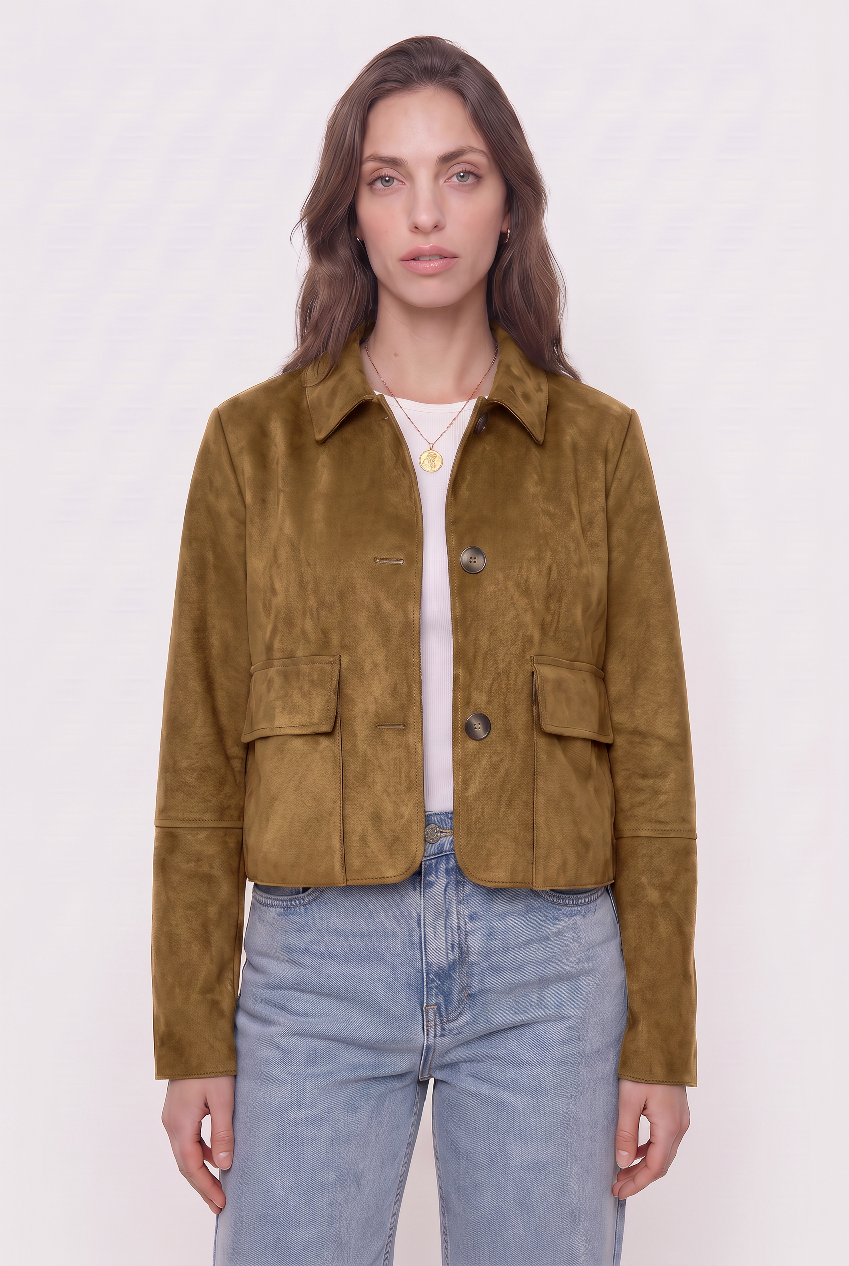 Chaqueta de Gamuza con Botones y Bolsillos Frontales