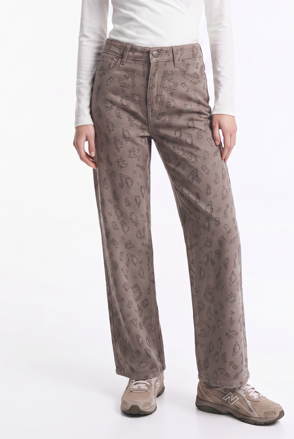Jeans Elasticados de Tiro Alto con Strass Animal Print