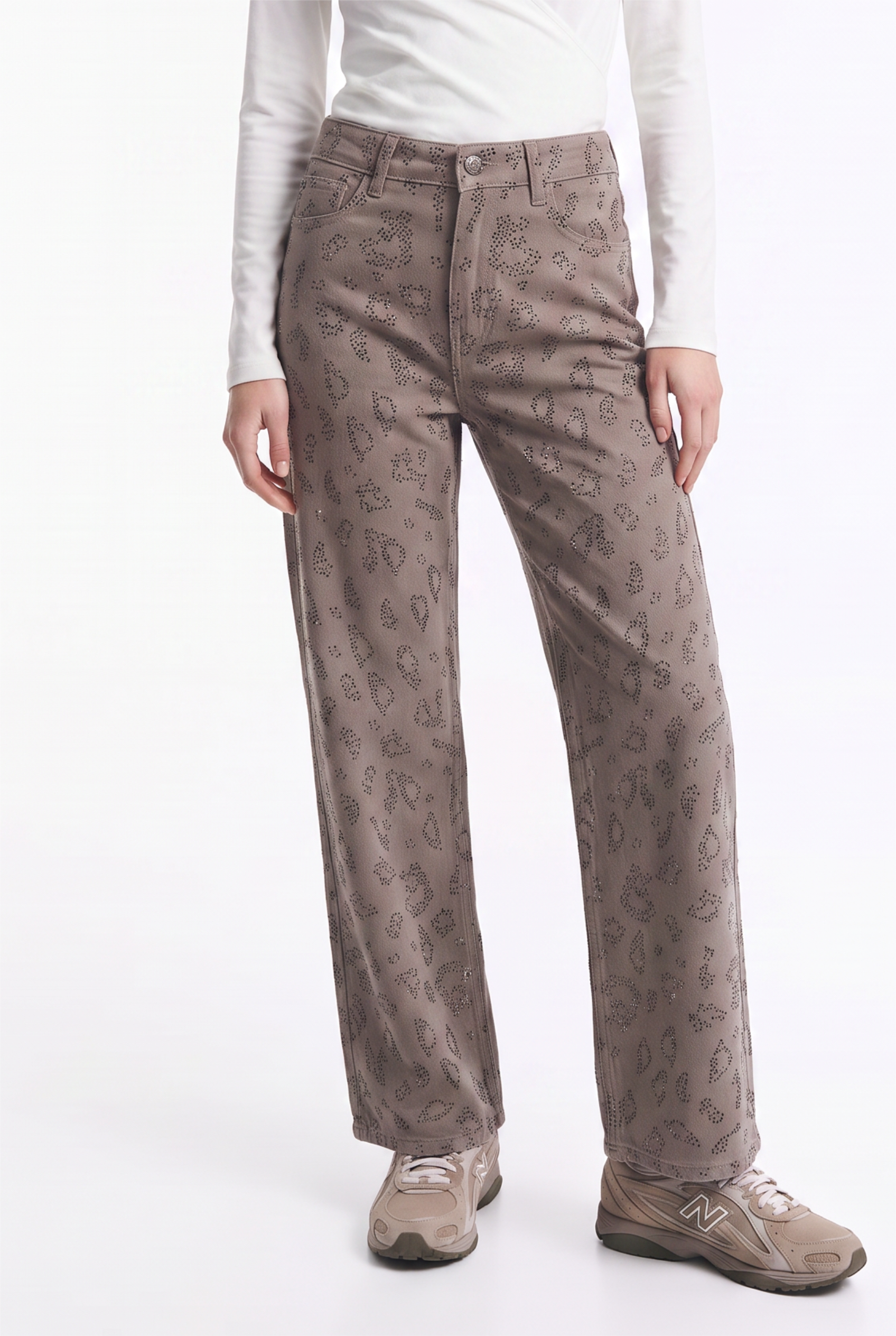 Jeans Elasticados de Tiro Alto con Strass Animal Print