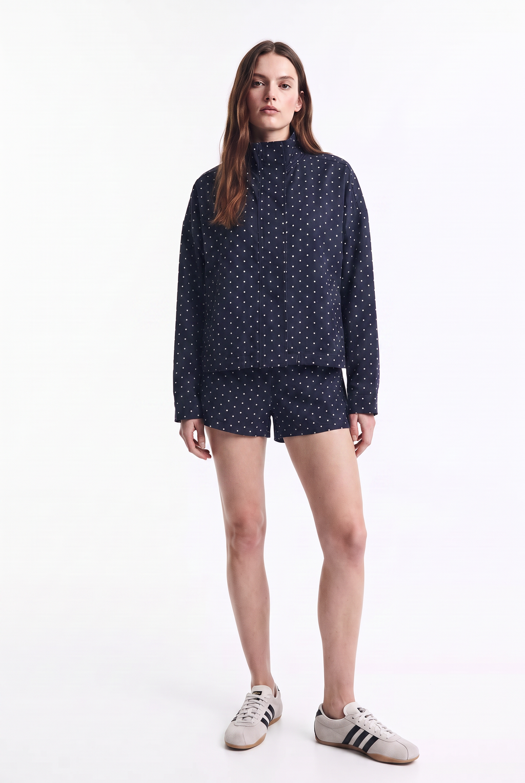 Chaqueta Bomber Delgada de Lunares con Cierre y Ajuste