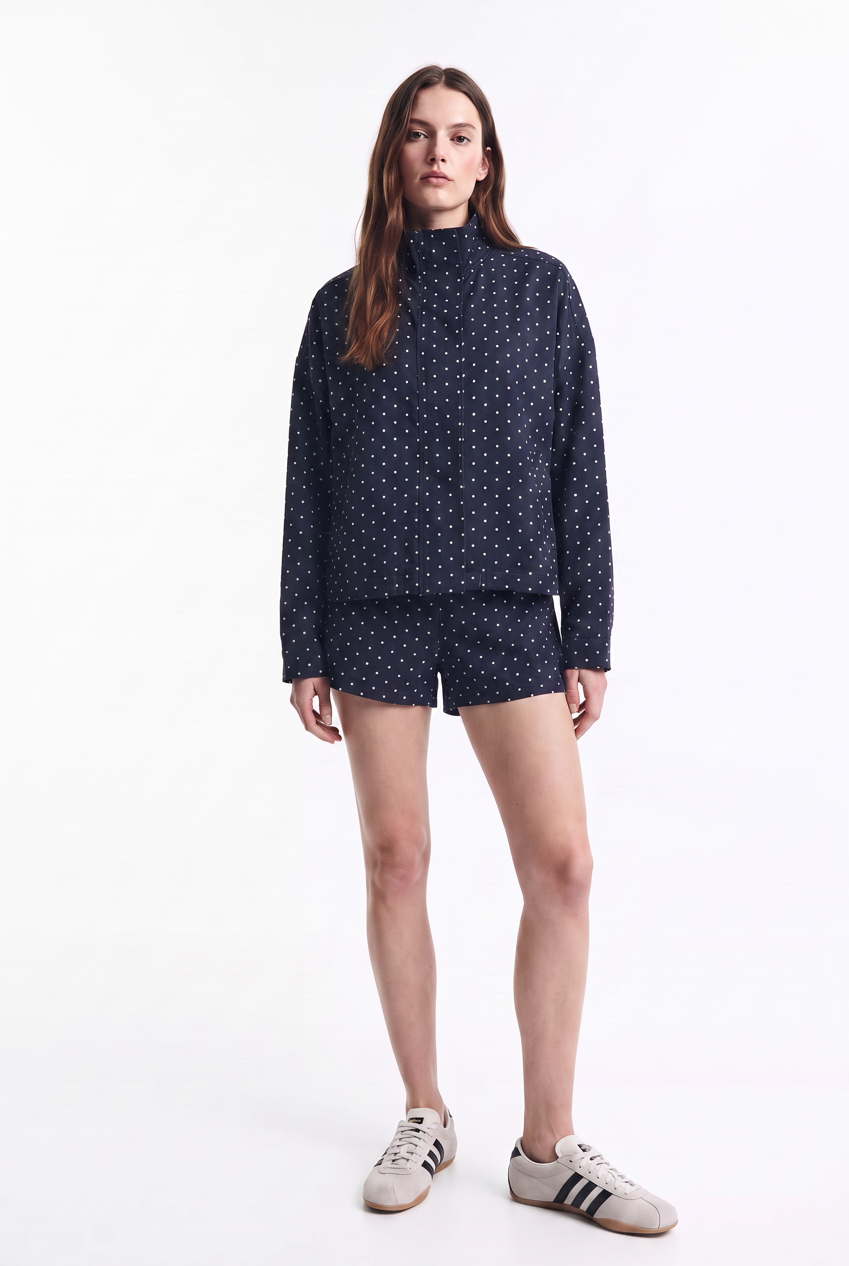 Chaqueta Bomber Delgada de Lunares con Cierre y Ajuste